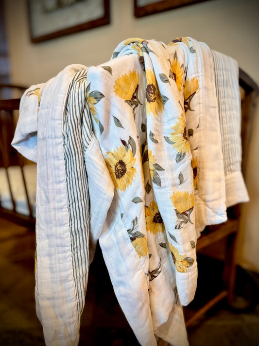 Sunflower Farm and Sage Green Stripe Throw Blanket