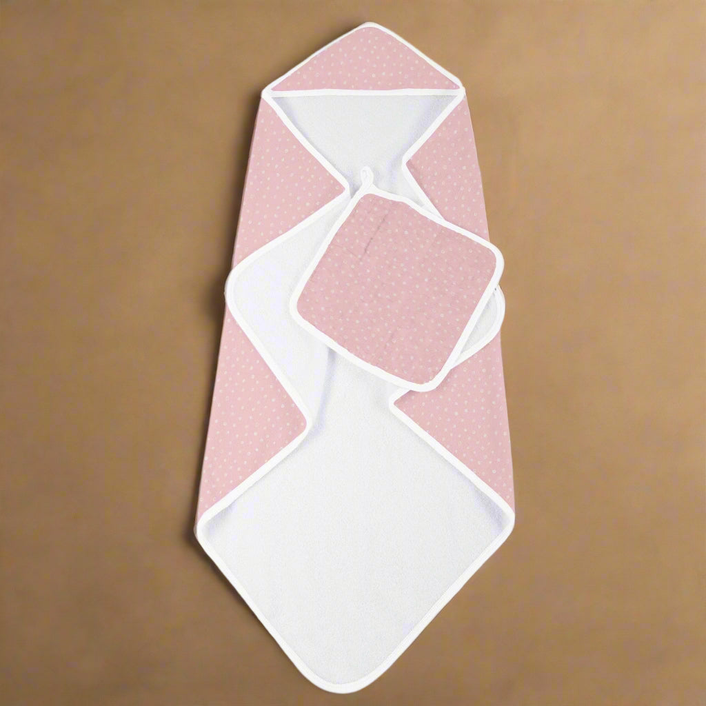 Pink Pearl Polka Dot Hooded Towel and Washcloth Set
