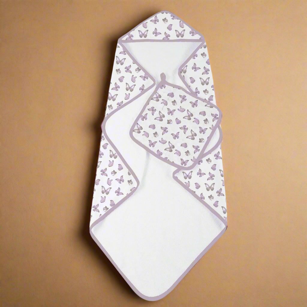Butterflies Cotton Hooded Towel and Washcloth Set