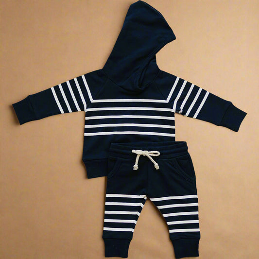 Navy Stripes Hooded French Terry Set
