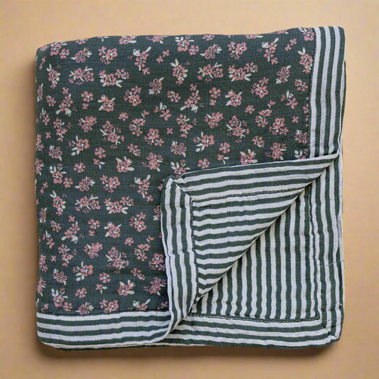 Olive Bloom + Green Stripes Muslin Quilt