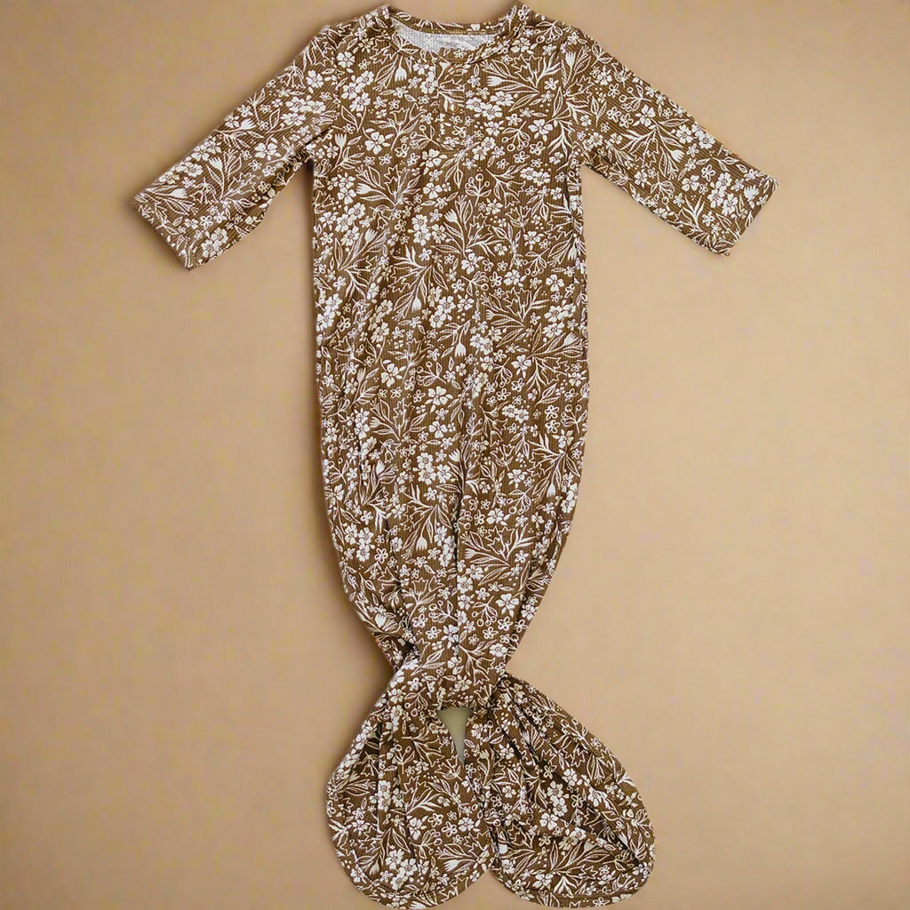 Brown Floral Ribbed Bamboo Knot Gown