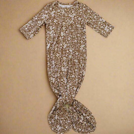 Brown Floral Ribbed Bamboo Knot Gown