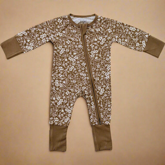 Brown Floral Ribbed Bamboo Zipper