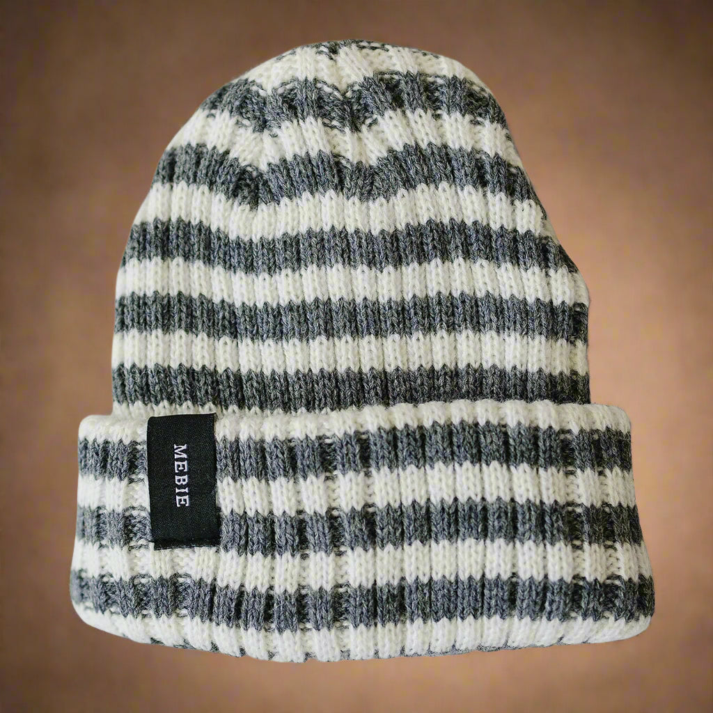 Grey & White Stripe Chunky Knit Beanie