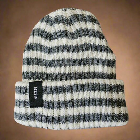 Grey & White Stripe Chunky Knit Beanie