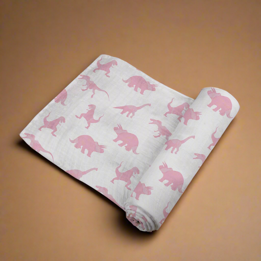 Pink Dinosaurs Bamboo Muslin Swaddle
