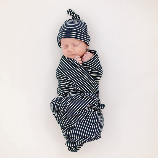 Navy Stripes Ribbed Bamboo Stretch Swaddle